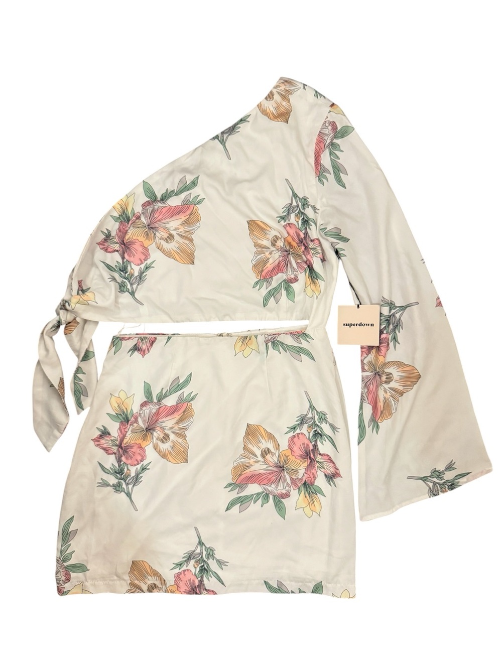 NWT superdown Cream Floral One-Shoulder Tie-Waist Dress